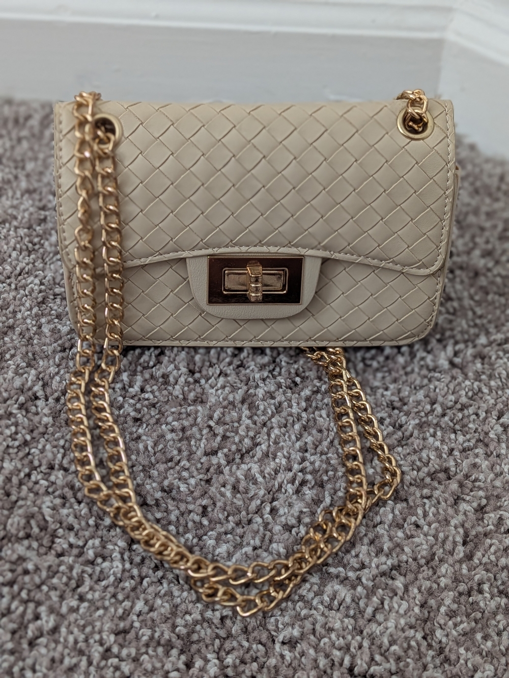 Woven Leather Chain Shoulder Bag - Cream